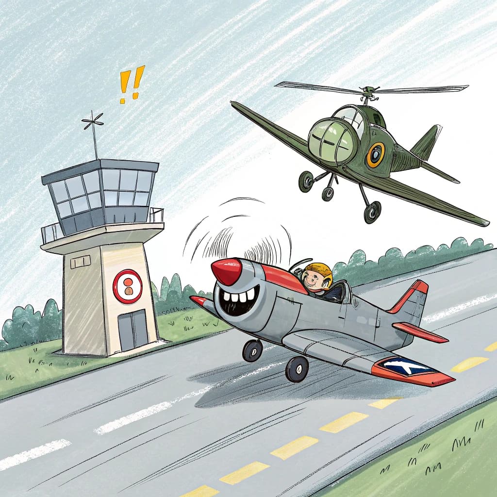 Almost at the runway, Fred the Fighter Jet is racing with Barry the Bomber to see who lands first. Fred has a mischievous trick up his sleeve but Hermione the Helicopter is going to stop him before he gets the chance. The control tower is very angry and has a big exclamation mark. Hand drawn cel look