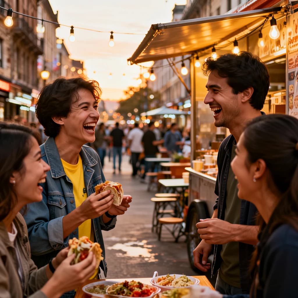 Friends laugh over street tacos at dusk, candid, shallow depth.
