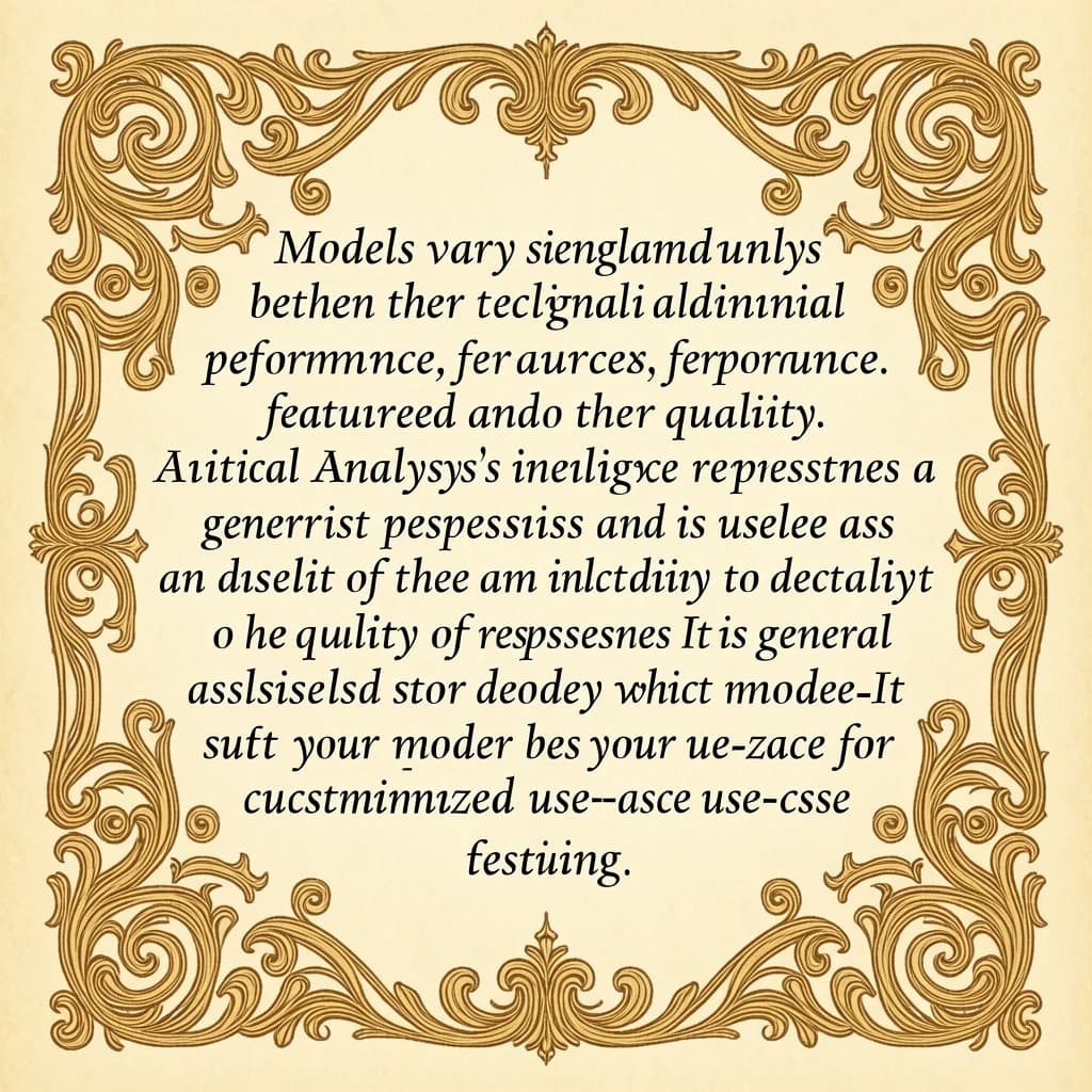 On a flat layout, write in an ornate baroque style "Models vary significantly between their technical performance, features and their quality. Artificial Analysis's intelligence index represents a generalist perspective and is useful as an indicator of the quality of responses. It is generally advisable to develop a short-list of models which best suit your use-case for customized use-case specific testing. "