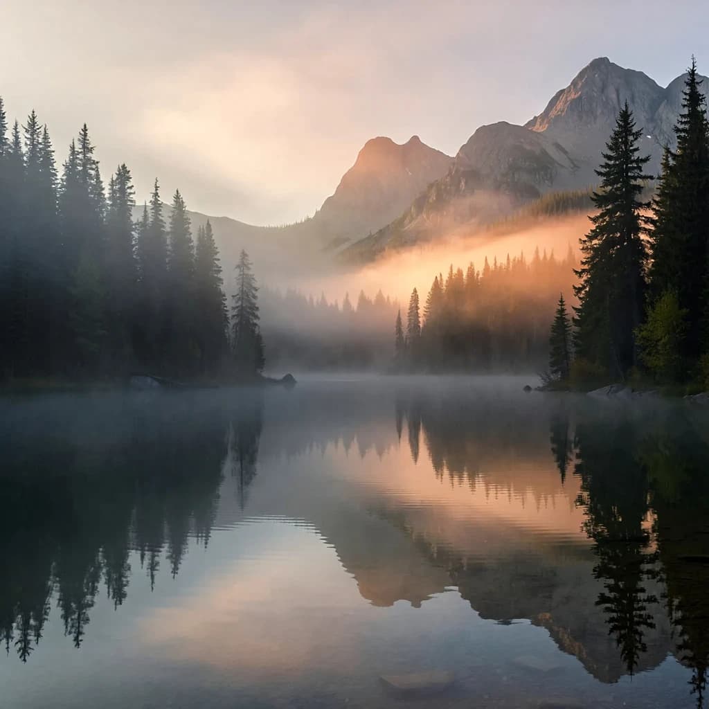 I want a photo of a misty alpine lake at dawn, pines, glassy water, warm light.