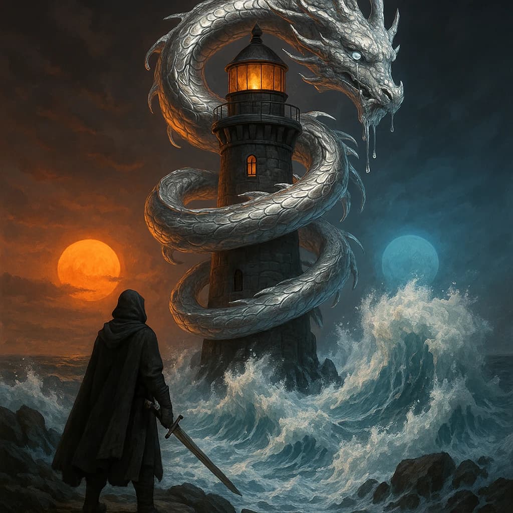 A dragon of molten silver coils around a lighthouse. The storming sea below crashes upward in frozen stillness, as though caught mid-motion. The dragon’s molten eyes drip tears of ice. On the horizon, two suns set next to each other, casting orange light on one side of the tower and blue on the other. A cloaked traveler carries an ancient weapon in his left hand and a scroll in his right.