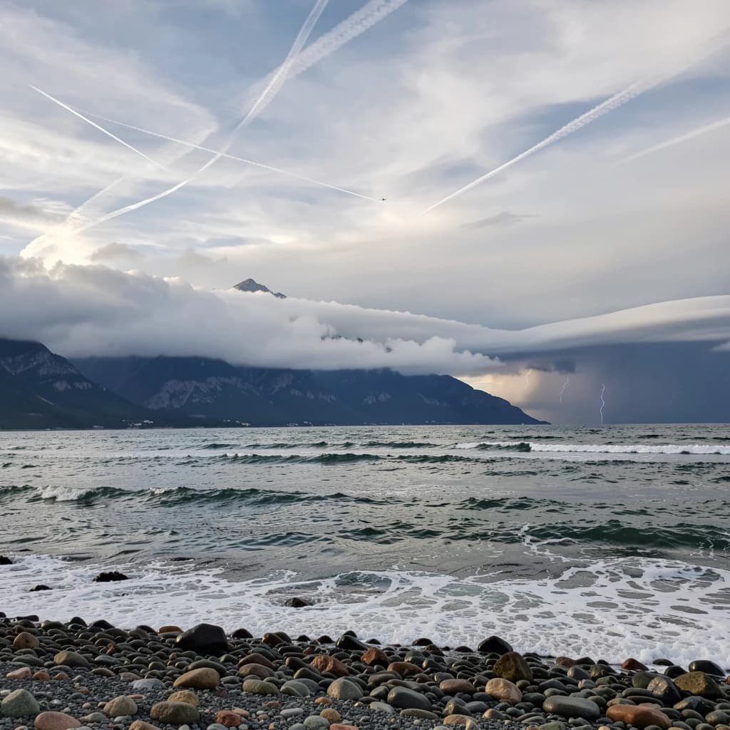 A stunning mountain vista pokes through the cloud top. Contrails from a distant airplane linger in the air. In the foreground there is a stony beach with foamy seas. A thunder storm is visibile in the distant right.