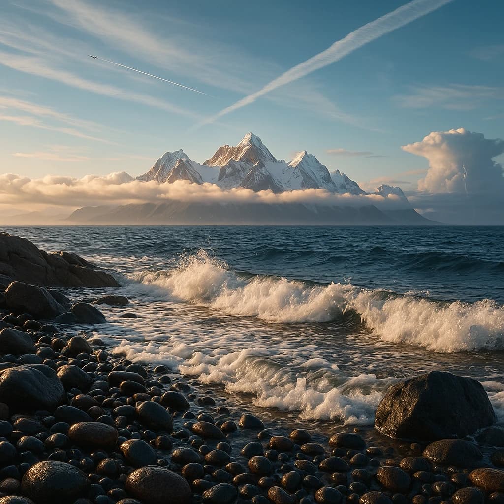 A stunning mountain vista pokes through the cloud top. Contrails from a distant airplane linger in the air. In the foreground there is a stony beach with foamy seas. A thunder storm is visibile in the distant right.