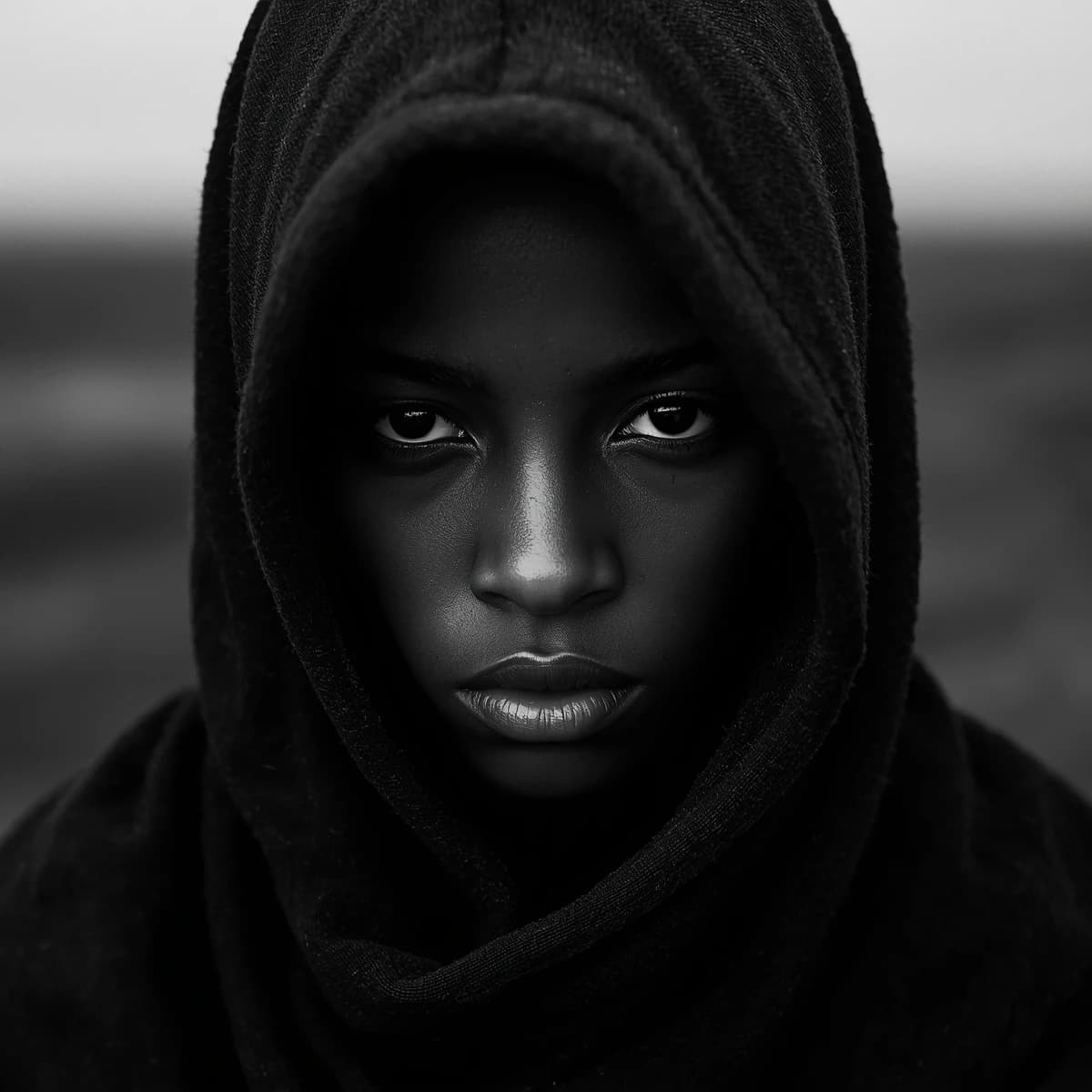 A dramatic black-and-white portrait of a young person draped in a hooded garment, their face framed by the hood's dark folds. Their skin tone and the subtle sheen on their cheeks create striking tonal contrast against the deep shadows. Their eyes are piercing, looking directly into the lens with a calm, steady intensity—neither confrontational nor submissive, but deeply present. The texture of the fabric is visible: it's dense, slightly weathered, and whisper-thin creases catch the light. In the background, an expansive, out-of-focus landscape suggests open space—perhaps distant plains or water—though the details remain soft and abstract. The overall mood is silent yet powerful, poised between vulnerability and resilience, with every highlight and shadow telling part of their story.