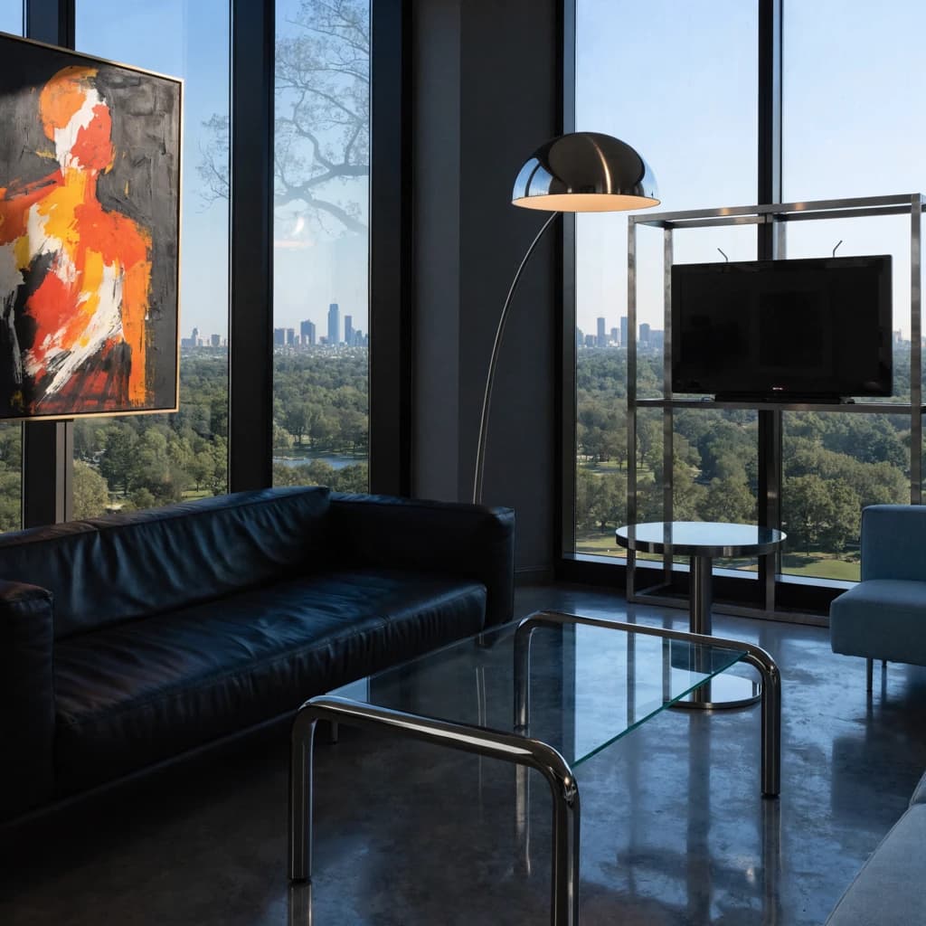 My apartment overlooks Central Park. It’s very luxurious, very expensive, and the furniture is minimal — a black leather couch, a glass coffee table with chrome legs, an Arne Jacobsen floor lamp. A big-screen television set rests on a steel shelving unit. A David Onica painting hangs above the couch. There’s a stainless steel and glass cocktail table. A powder-blue sofa. A thirty-inch digital TV.