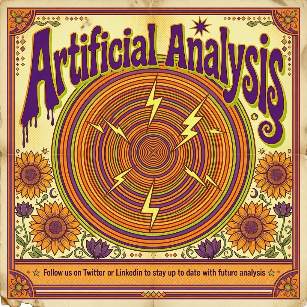 A portrait layout psychedelic concert poster from 1972 bathed in saturated oranges, deep purples, and acid greens. Swirling, hand-drawn typography arcs across the top, spelling out Artificial Analysis in bold, distorted letters that melt into spirals. Surrounded by radiating concentric circles and lightning-bolt motifs. The background is textured with halftone dots and faded paper creases, evoking a well-worn poster taped to a brick wall. Ornate floral borders frame the design, while the bottom features blocky retro lettering listing “Follow us on Twitter or LinkedIn to stay up to date with future analysis” in smaller text. 