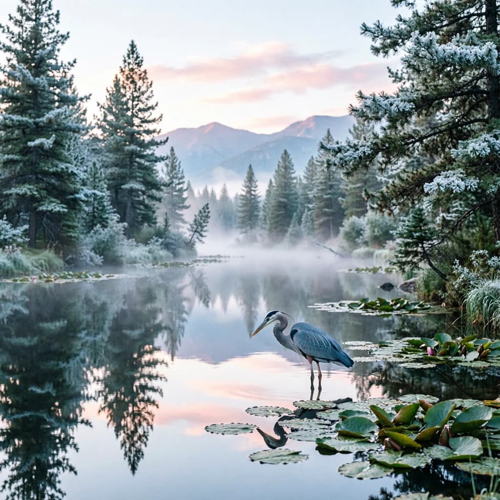 With pre-dawn mist along a cedar forest river and glassy water dotted with lily pads, distant mountains blush pink, and a heron stands still like it forgot what to do next.