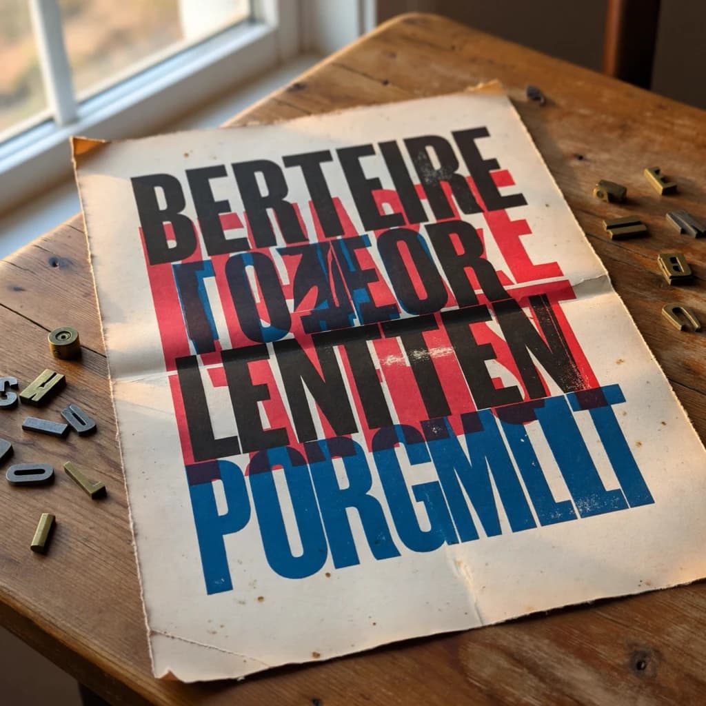 A vintage letterpress poster on a wooden desk: bold slab serif headline, tight kerning, misregistered ink, slightly worn edges, scattered metal type, soft window light.