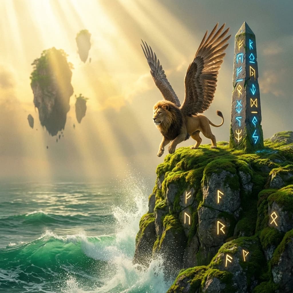 At dawn, a winged griffin lands on a mossy cliff above a jade sea beside a runed obelisk; floating isles drift under golden sunbeams, with a bit of sea spray and glowing runes.