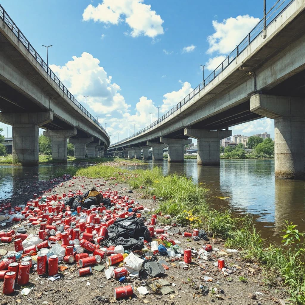 Red soda cans and other garbage sit strewn across the bank of an urban river only a few metres wide. Concrete overpasses criss cross overhead on a bright and sunny day. Fading skywriting proposes marriage