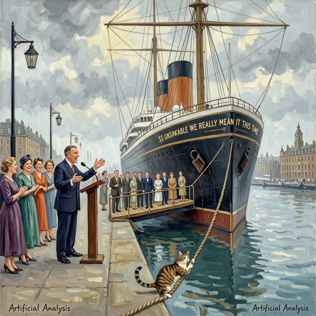 An impressionistic painting of the mighty steamer the "SS Unsinkable We Really Mean It This Time" on a cloudy but bright London morning about to set out on her maiden voyage. A jubilant crowd is gathered on the dock around the paunchy mayor who is making a speech, gesticulating wildly with his hands. The gangways are busy with well heeled ladies and gentlemen making their way onto the ship. A cheeky cat hangs over the water, clinging to the mooring rope after an ill-fated attempt to climb up. The artist has signed his name "Artificial Analysis" in the bottom corner