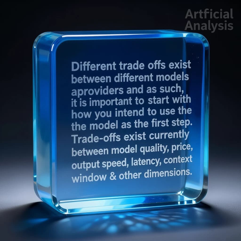 In a clear transparent blue glassy rounded box, etch "Different trade offs exist between different models and providers and as such, it is important to start with how you intend to use the model as the first step. Trade-offs exist currently between model quality, price, output speed, latency, context window & other dimensions. " in sans serif medium weight text. Artificial Analysis is watermarked over the top right 