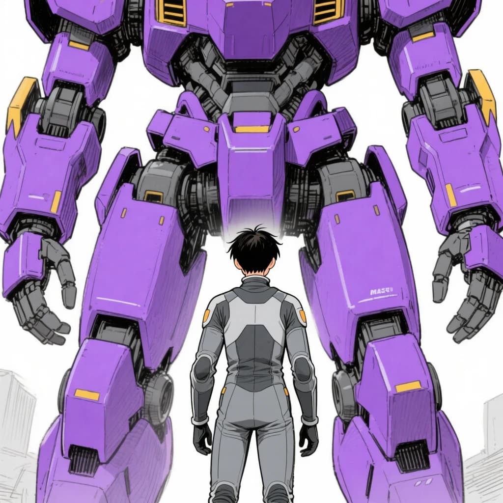 Clad in his body suit up to the neck, young Masa nervously approaches the towering mech with his back facing us. He is nervous for his first time in the field. The mech's bright purple colour scheme contrasts with the grey body suit. The scale of the mech dwarfs Masa. Hand drawn style