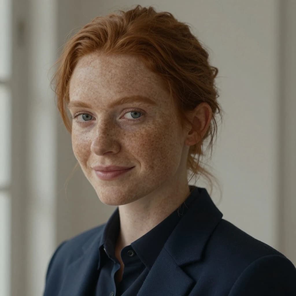 Capture a head-and-shoulders portrait of a freckled red-haired violinist in a navy blazer, soft window light, 85mm at f/1.8, gently smiling yet serious eyes, muted tones.
