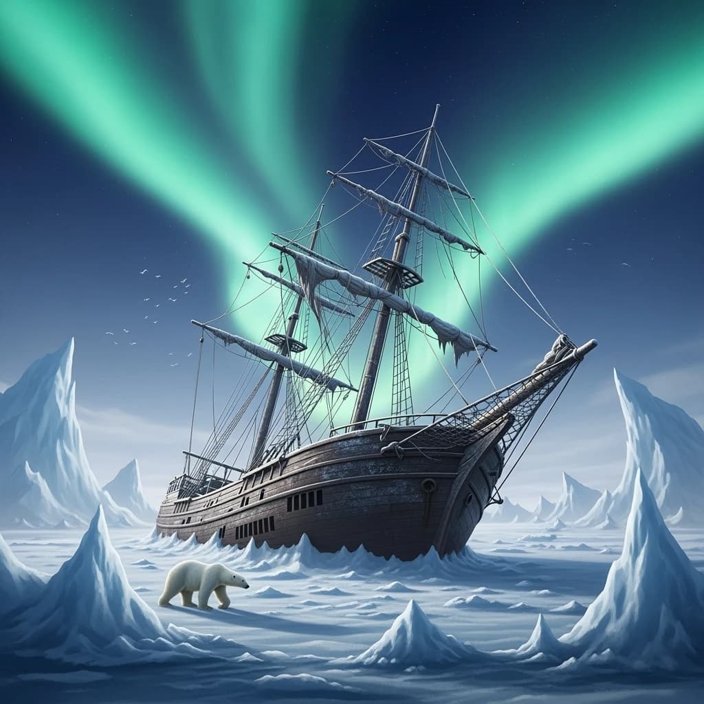 An endless tundra stretches outward, littered with jagged icebergs shaped like cathedral spires. A polar bear trudges across the foreground but leaves no tracks. Auroras ripple overhead. A half-buried shipwreck juts from the snow — sails billowing despite the still air.