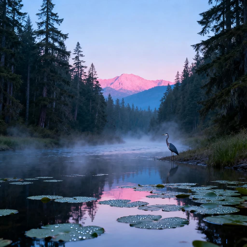 With pre-dawn mist along a cedar forest river and glassy water dotted with lily pads, distant mountains blush pink, and a heron stands still like it forgot what to do next.