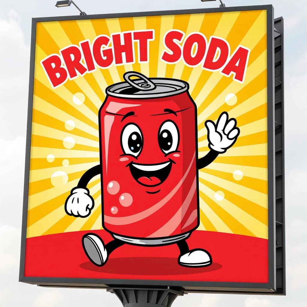 Design a bright soda billboard ad with a bubbly can mascot, thick inky lines.