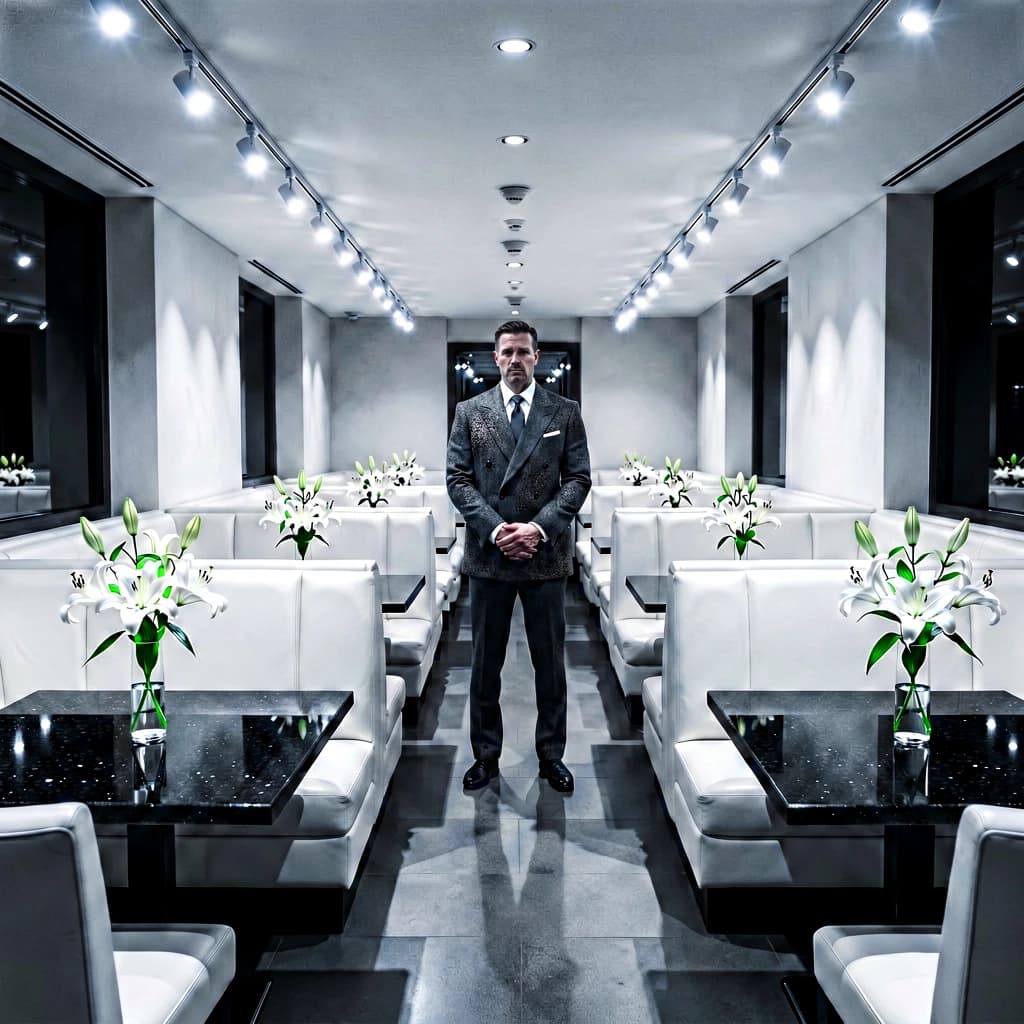 The place is almost empty. The banquettes are covered in white leather, the tables black granite, and the entire room is bathed in halogen track lighting that seems too bright. The maître d’ wears a double-breasted wool crepe jacket. There are lilies on every table.