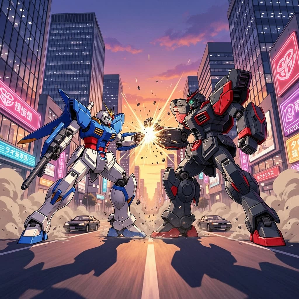 Make a cel-shaded mecha duel at dusk downtown.