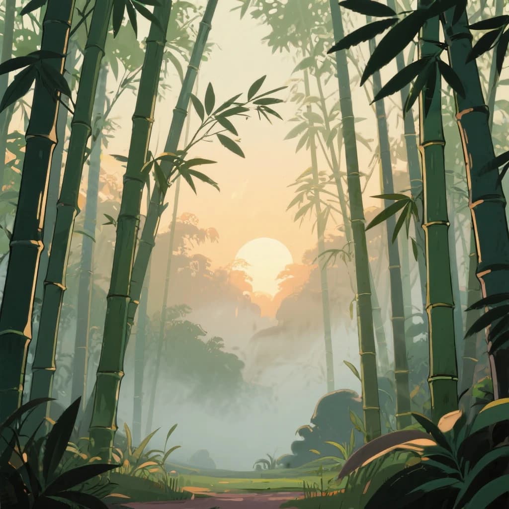 Give me a misty bamboo forest at sunrise, bold outlines, slightly cel-shaded.