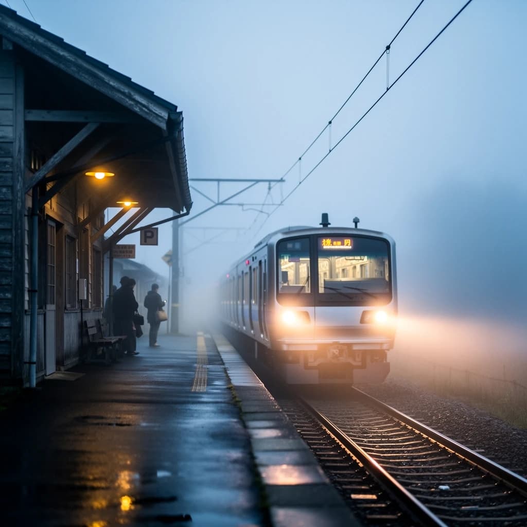 A commuter train enters a foggy little station.