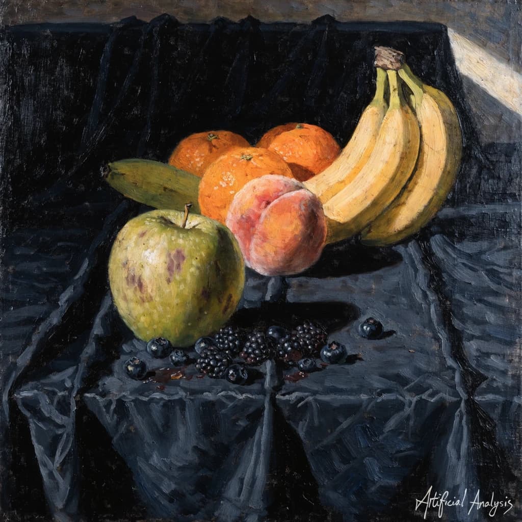 A still life scene painted oil on canvas, comprising various fruits on a black table cloth with striking lighting coming from the right out of frame, creating strong shadows. A bruised green apple is in the foreground, a peach behind it, and behind that a melange of oranges and bananas in various states of ripeness. Berries are strewn in front of the apple. The artist has signed his name "Artificial Analysis" in the bottom right corner in a hurried fashion.
