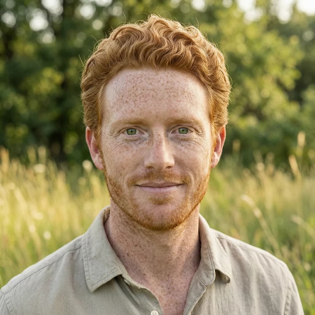 Shoot a natural light headshot of a red-haired man with freckles, green eyes.