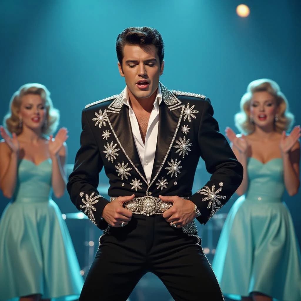 An archival image from 1953 of the rock singer swinging his hips on the stage while glamorous back up singers feign shock at his gyrations! He wears a diamond encrusted jacket with the stones arranged in the shape of a heart