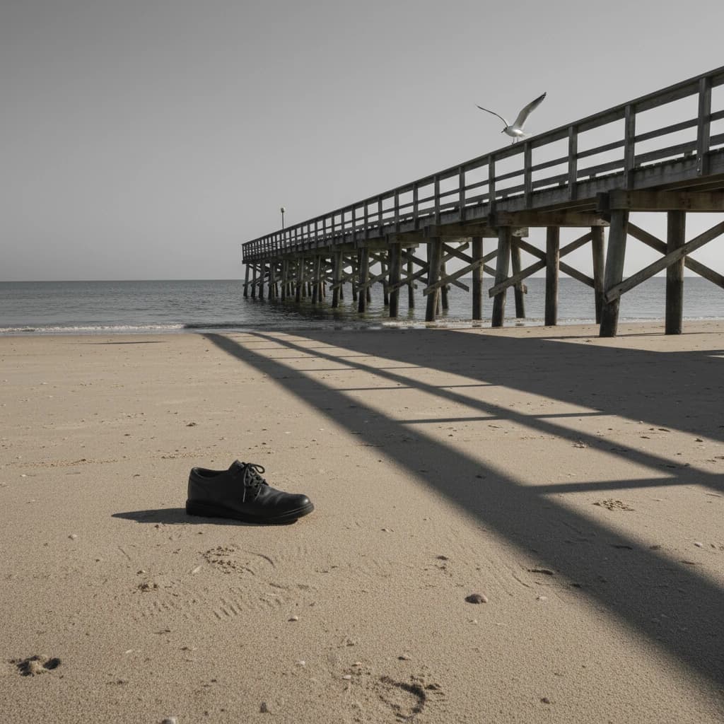 The beach is flat, sand beige, granular, no shells, except for a single left shoe, black leather, size eleven, half buried at an angle. The pier extends straight into the water, wood untreated, grain visible, though the support posts vanish before they touch the surface. The sky is uniformly gray, no clouds, yet shadows stretch at sharp diagonals. A single gull sits on the railing, wings outstretched, frozen mid-flap, no movement.