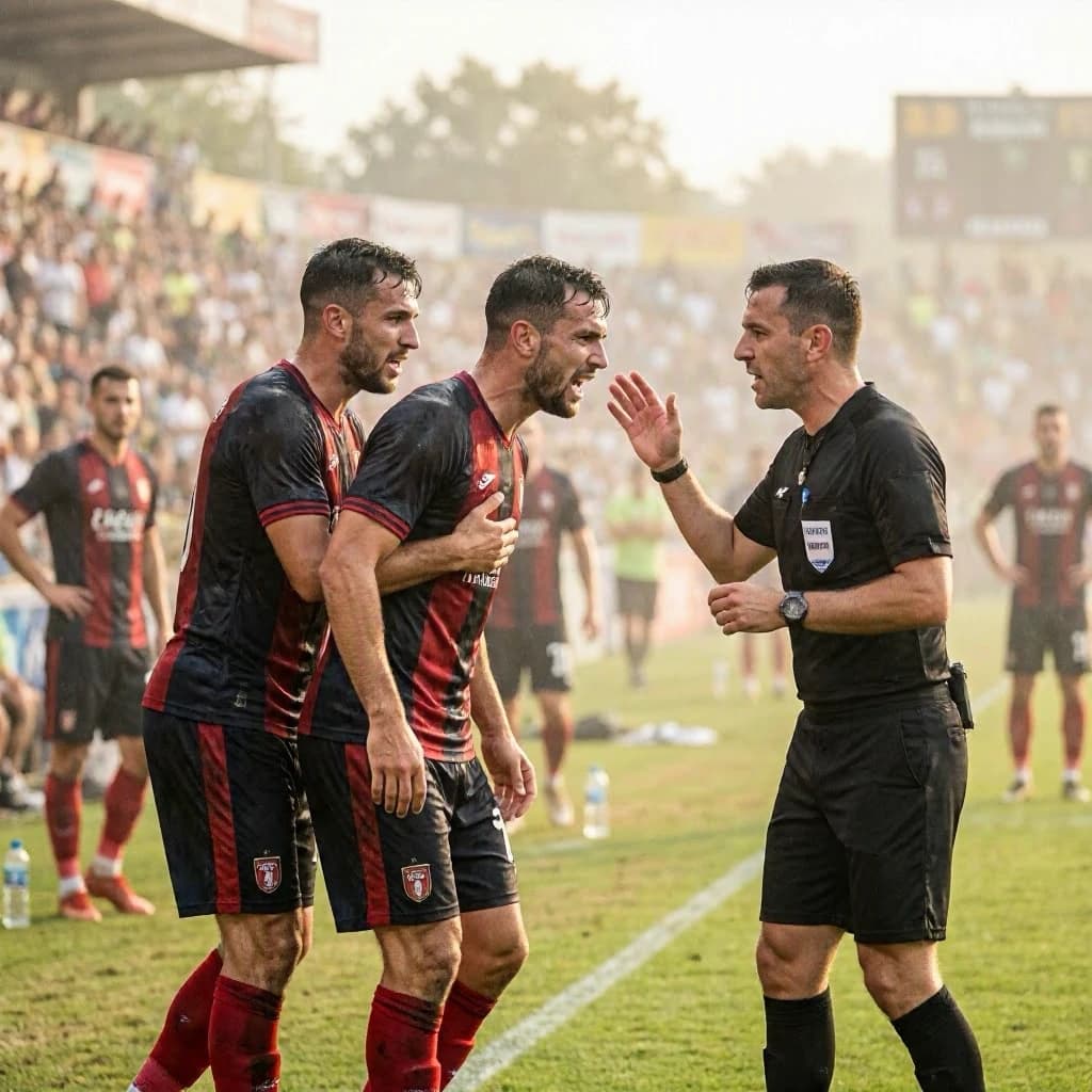 The soccer player clashes with the ref. It is thick and humid and the heat is getting to the players. His friend tries to pull him off before he causes any more trouble.