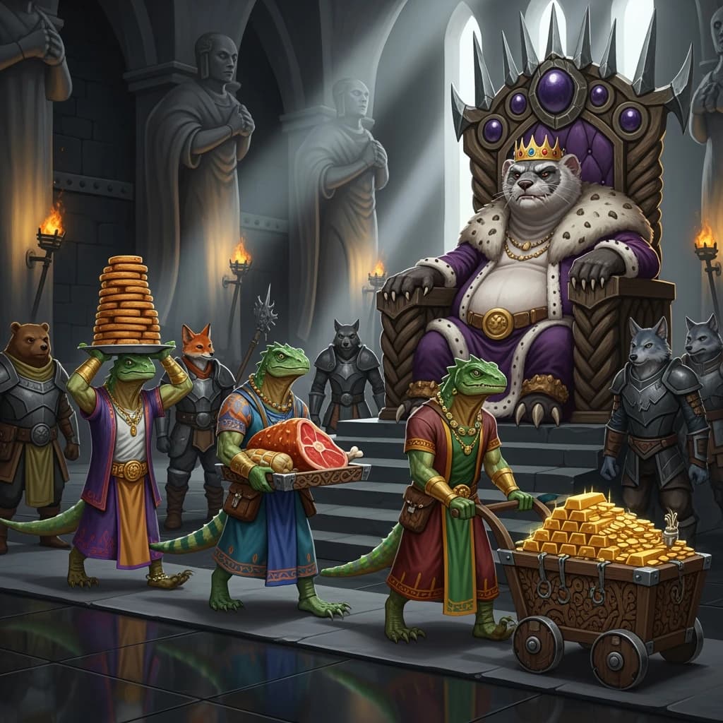 Big Weasel, the tyrannical ruler of the Levitus, slouches on his throne, his mood foul but somewhat brightened by the sight of gifts - a wearisome group of lizard traders adorned in fine silks proceed toward him through the hall with their annual tribute of biscuits, ham and gold - Big Weasel's favourites. Big Weasel's entourage looks on with stern approval.