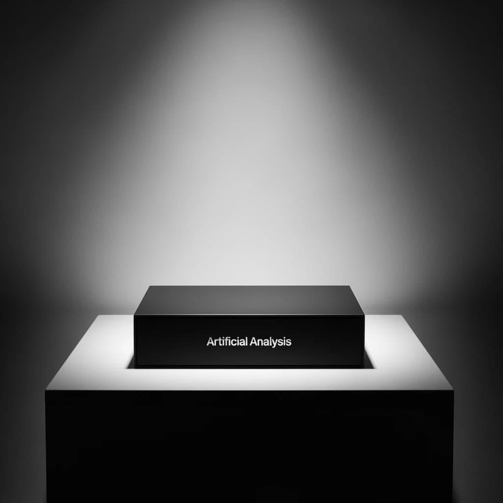 A premium matte black laptop-sized box rests on a pure white pedestal within a gallery space. Overhead, a single spotlight carves sharp contrast, leaving the edges in deep shadow. The brand name Artificial Analysis is embossed in silver foil, glinting faintly as though it were jewelry.