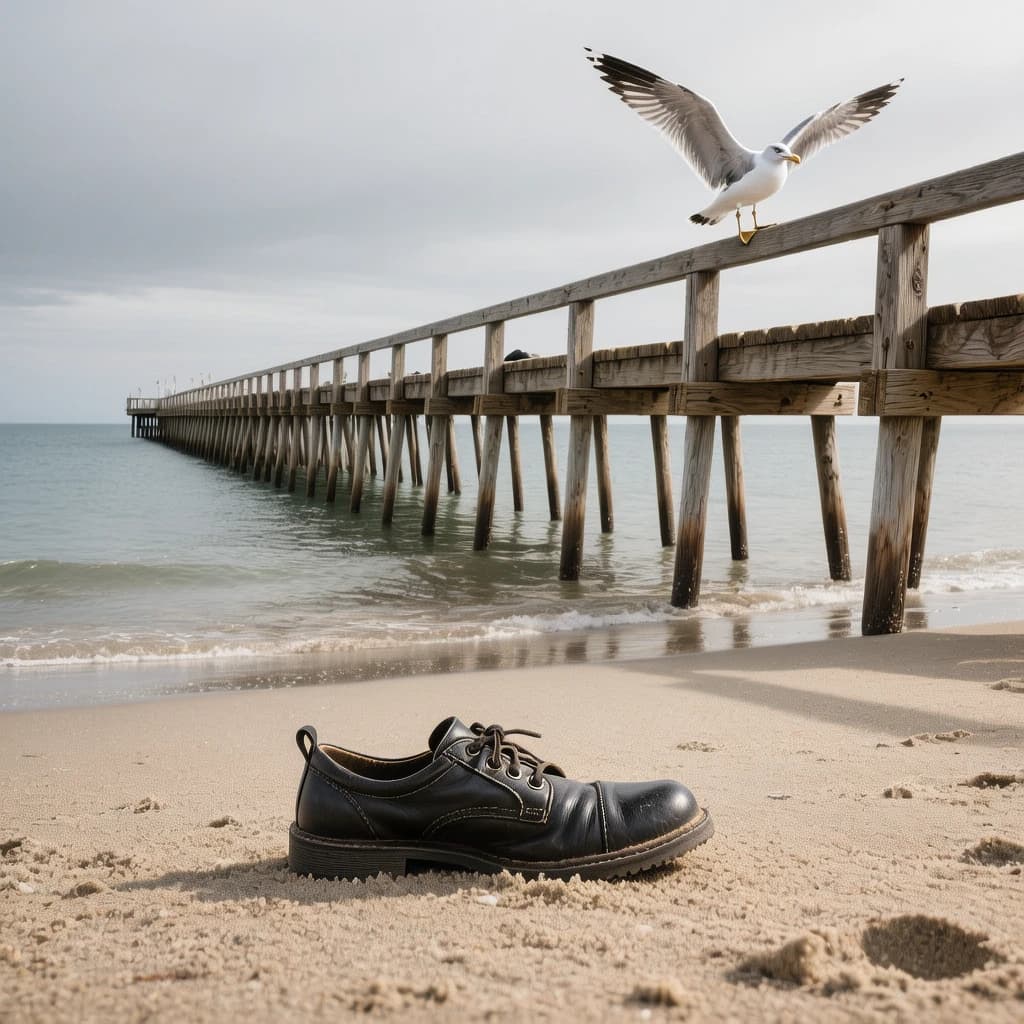 The beach is flat, sand beige, granular, no shells, except for a single left shoe, black leather, size eleven, half buried at an angle. The pier extends straight into the water, wood untreated, grain visible, though the support posts vanish before they touch the surface. The sky is uniformly gray, no clouds, yet shadows stretch at sharp diagonals. A single gull sits on the railing, wings outstretched, frozen mid-flap, no movement.