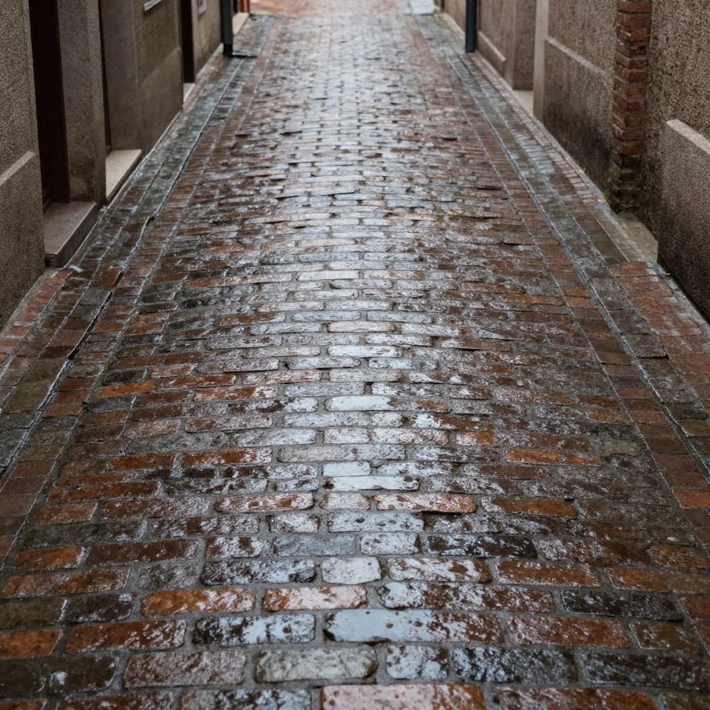 Show a narrow brick alley with wet cobblestones.