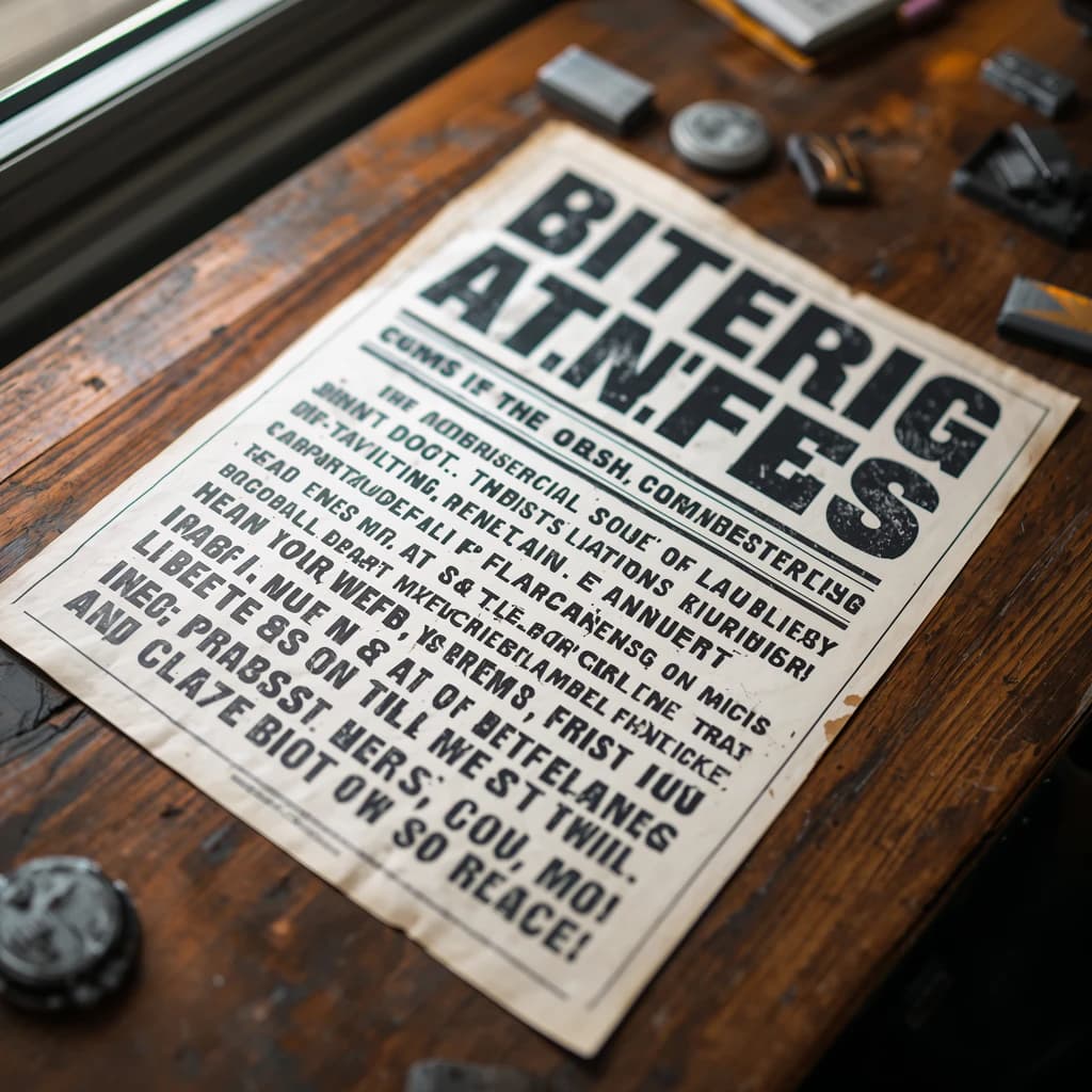 A vintage letterpress poster on a wooden desk: bold slab serif headline, tight kerning, misregistered ink, slightly worn edges, scattered metal type, soft window light.