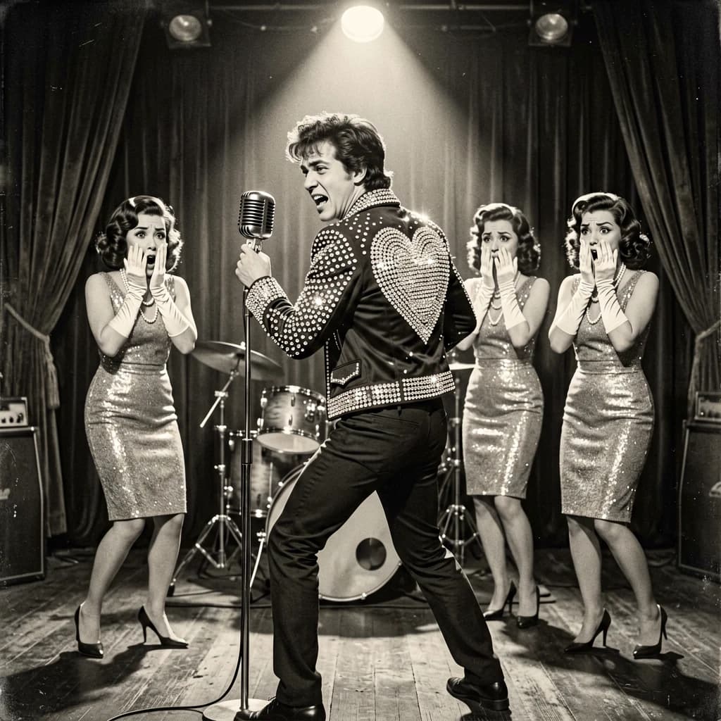 An archival image from 1953 of the rock singer swinging his hips on the stage while glamorous back up singers feign shock at his gyrations! He wears a diamond encrusted jacket with the stones arranged in the shape of a heart