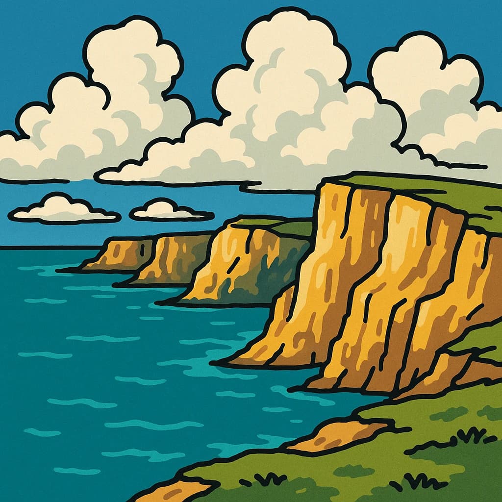 Bright cliffs over teal sea, fat clouds, bold outlines and flat shading.