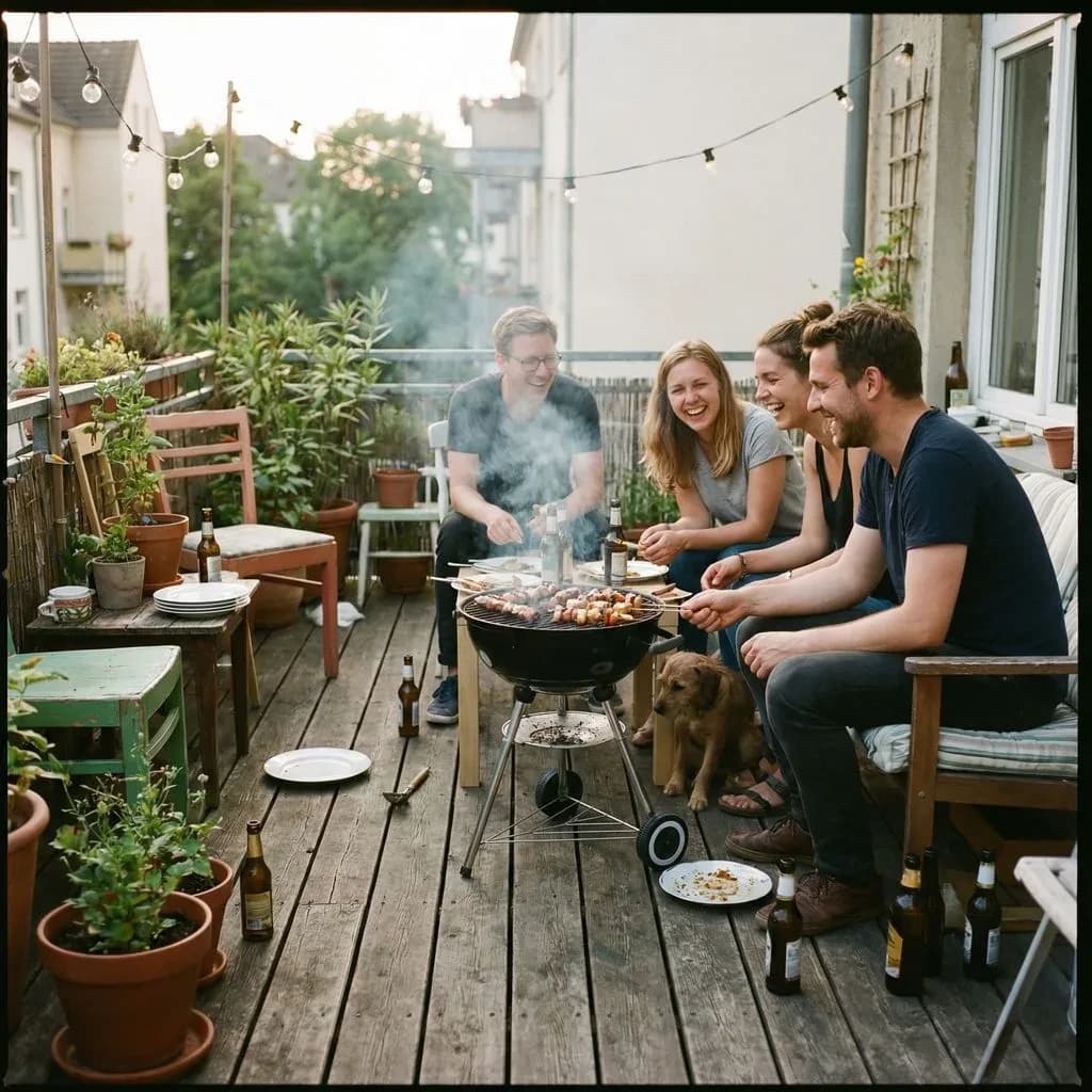 Friends grill skewers on a slightly messy patio.