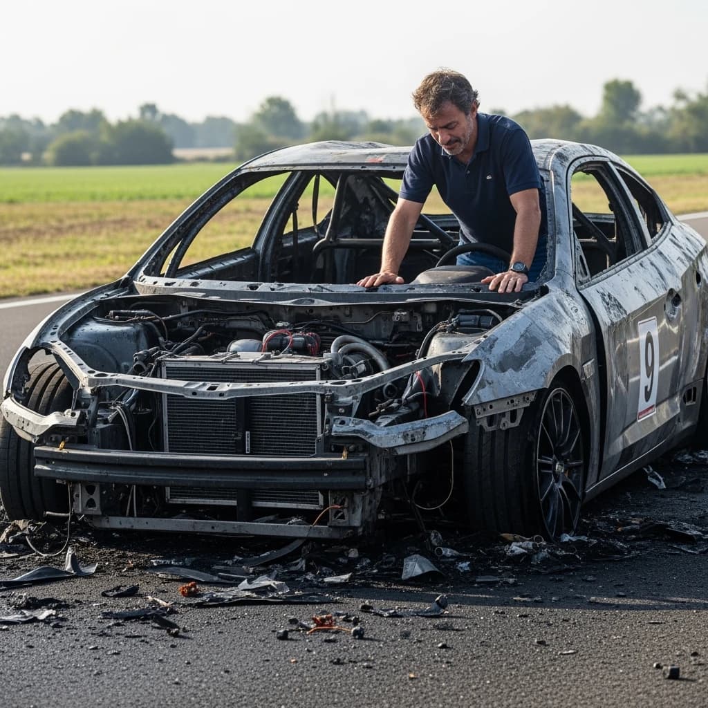 Mario examines the still smouldering wreck of the crash that took his best driver on the side of the country road. He designed this car and caused this. 3 days have passed since the crash. It's 1973 in Northern Italy.