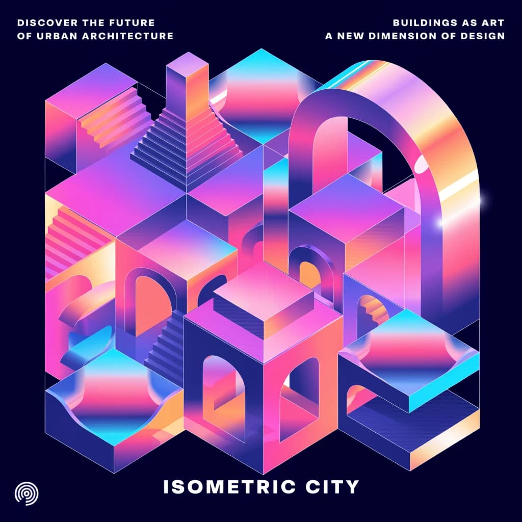 Render an isometric city poster with geometric buildings, neon gradients, gloss highlights, soft AO shadows, clean sans-serif lettering, grid layout, reflections a bit overexposed.