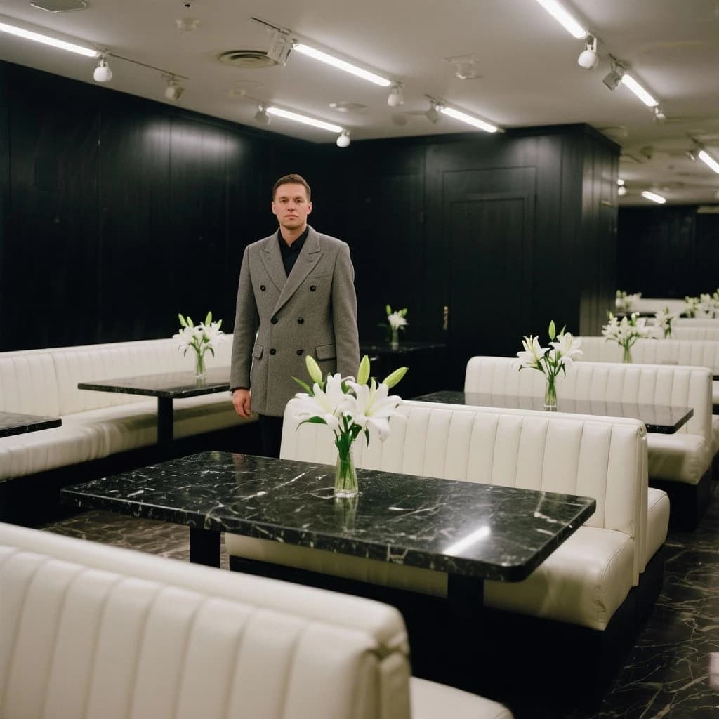 The place is almost empty. The banquettes are covered in white leather, the tables black granite, and the entire room is bathed in halogen track lighting that seems too bright. The maître d’ wears a double-breasted wool crepe jacket. There are lilies on every table.