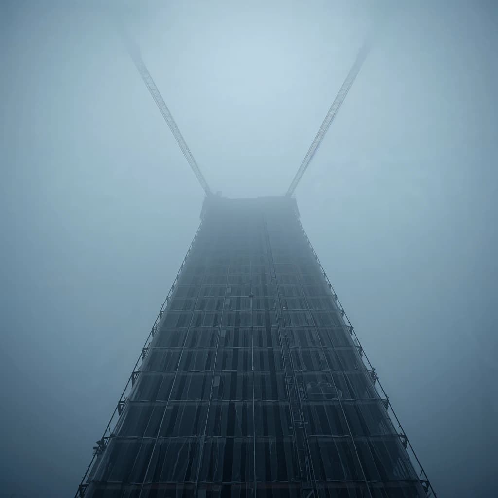 A construction site stretched upward into fog, cranes frozen in silhouette. Wind rattled scaffolding draped with torn mesh that glowed faintly from nearby billboards