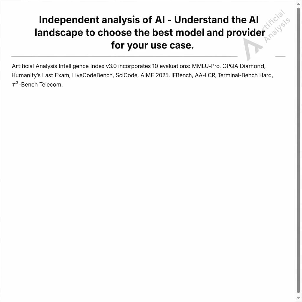 On a white dashboard with thin gray dividers, place a centered header in Helvetica Neue Bold, 20pt: “Independent analysis of AI - Understand the AI landscape to choose the best model and provider for your use case.” Directly beneath, a subheader in smaller Regular weight, 14pt: “Artificial Analysis Intelligence Index v3.0 incorporates 10 evaluations: MMLU-Pro, GPQA Diamond, Humanity's Last Exam, LiveCodeBench, SciCode, AIME 2025, IFBench, AA-LCR, Terminal-Bench Hard, 𝜏²-Bench Telecom.” The header is fully justified but the subheader is left-aligned. In the upper right corner, the Artificial Analysis logo appears watermarked, diagonal, faint gray, partially overlapping the scrollbar.