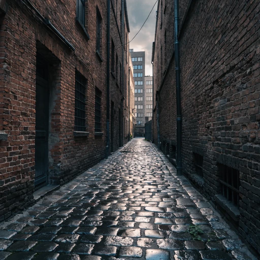 Show a narrow brick alley with wet cobblestones.