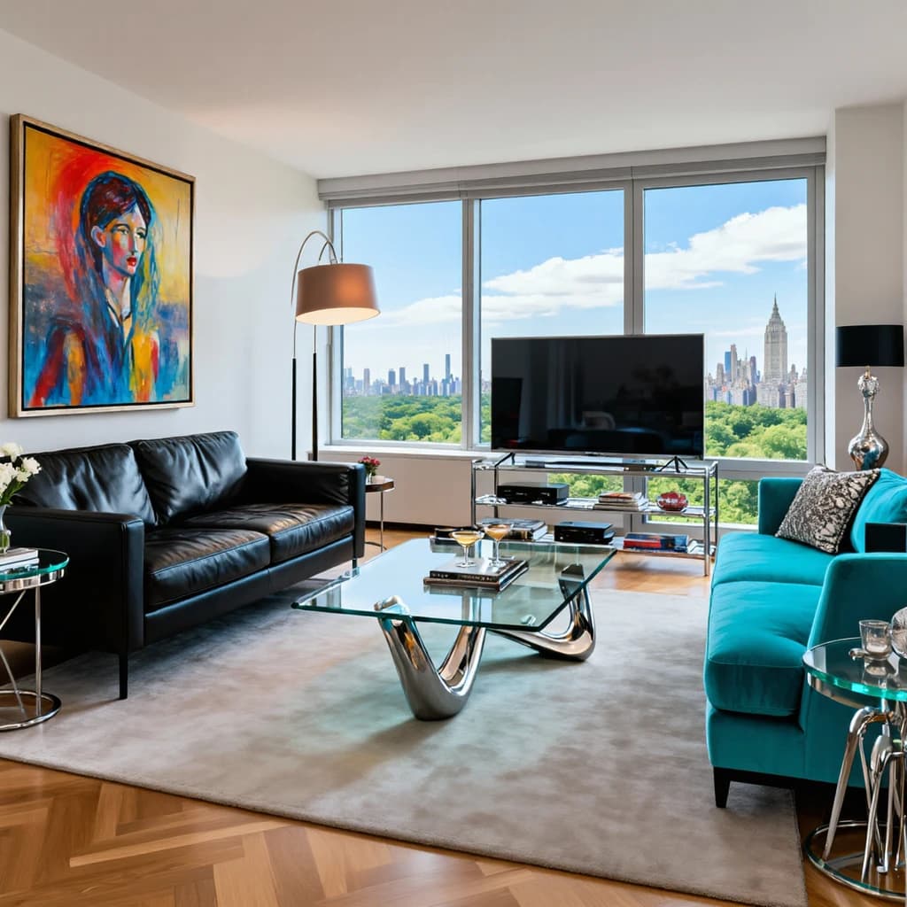 My apartment overlooks Central Park. It’s very luxurious, very expensive, and the furniture is minimal — a black leather couch, a glass coffee table with chrome legs, an Arne Jacobsen floor lamp. A big-screen television set rests on a steel shelving unit. A David Onica painting hangs above the couch. There’s a stainless steel and glass cocktail table. A powder-blue sofa. A thirty-inch digital TV.
