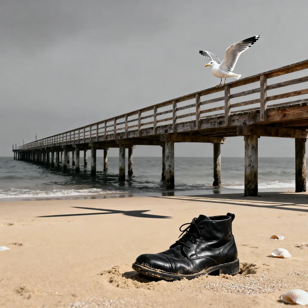 The beach is flat, sand beige, granular, no shells, except for a single left shoe, black leather, size eleven, half buried at an angle. The pier extends straight into the water, wood untreated, grain visible, though the support posts vanish before they touch the surface. The sky is uniformly gray, no clouds, yet shadows stretch at sharp diagonals. A single gull sits on the railing, wings outstretched, frozen mid-flap, no movement.