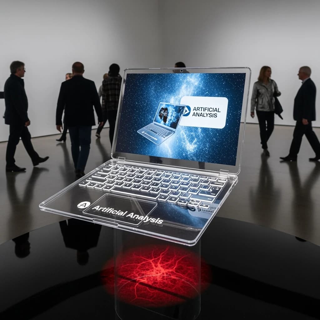 In a spotless gallery space, a pedestal supports a transparent laptop whose screen flickers between static and pristine brand imagery. Shoppers blur past in designer clothes that appear slightly outdated - bell bottoms, metallic jackets. The embossed logo “Artificial Analysis” glints silver, yet its reflection in the glass floor reads in crimson letters. A single spotlight shines, though shadows fall in two directions.