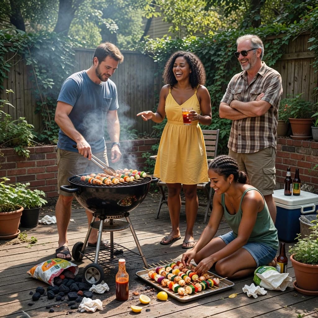Friends grill skewers on a slightly messy patio.