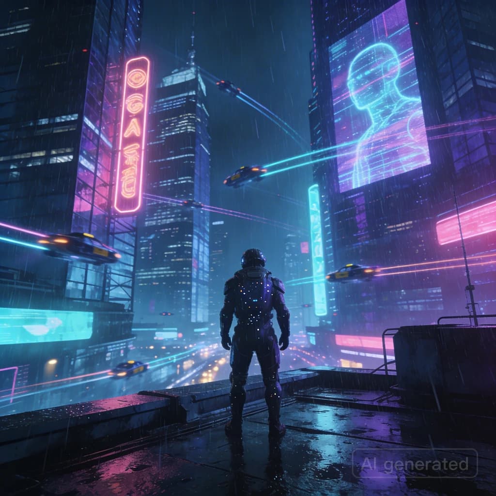 Rain-soaked neon megacity at night, flying taxis weave between glass towers, giant holograms flicker; a lone courier in a matte exosuit, somewhat cinematic wide angle.