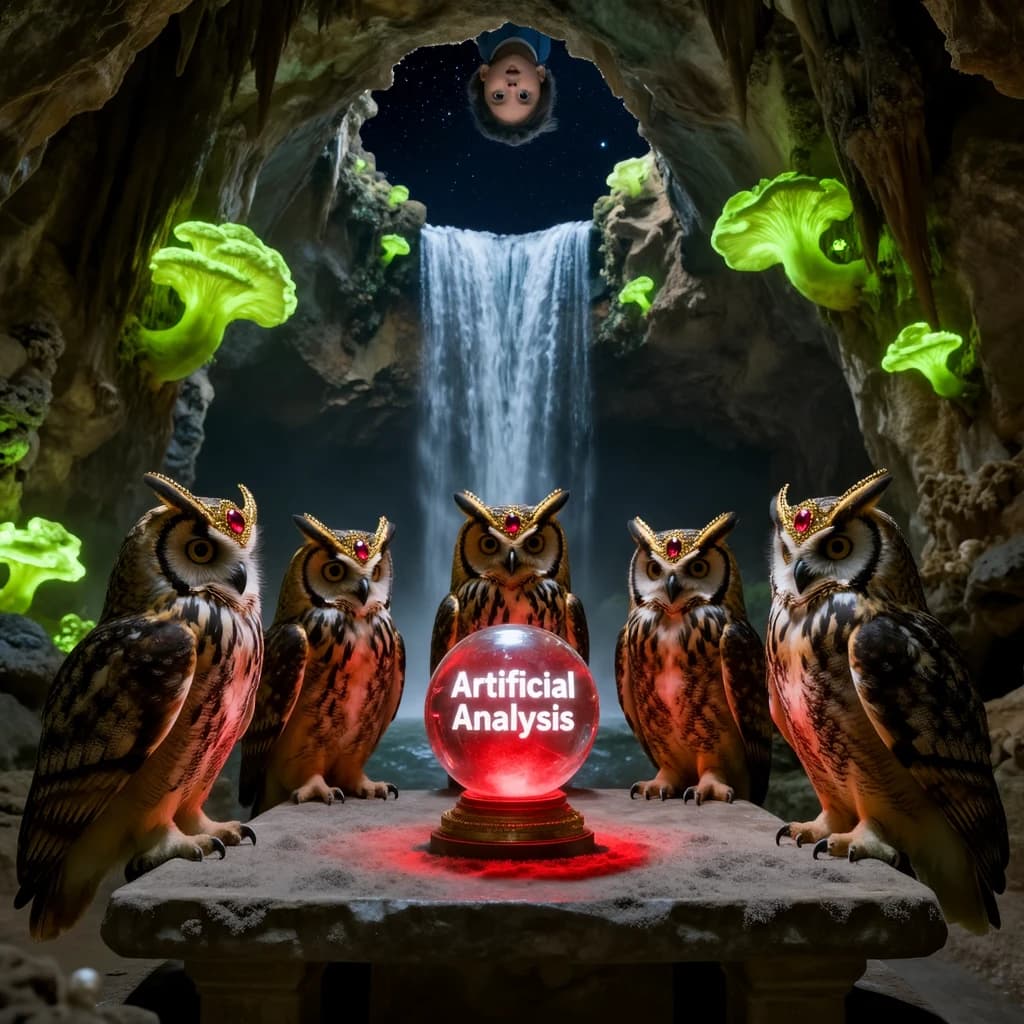 In a cavern lined with bioluminescent fungi glowing lime green, the council of owls wear jeweled crowns that glimmer with rubies, their wings folded behind their backs. Dust coats the stone table, a glowing orb inscribed with “Artificial Analysis” hovers above the table illuminating the owls with its red pulsating light. Behind them, a waterfall falls upward into a ceiling that opens onto stars - a child looks down in wonder from above at what he has stumbled across.